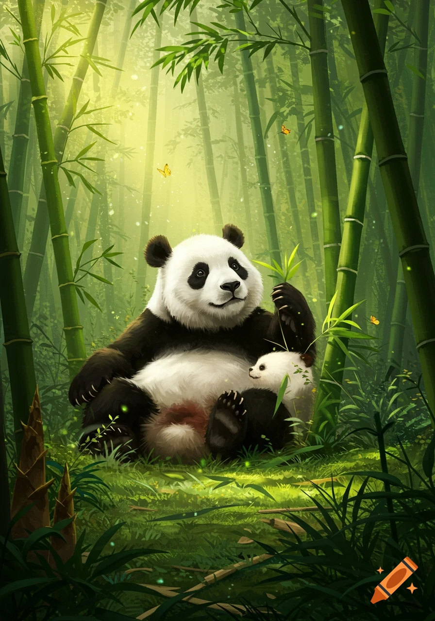 A fluffy adult panda and a small baby panda sit in a bright green bamboo forest.