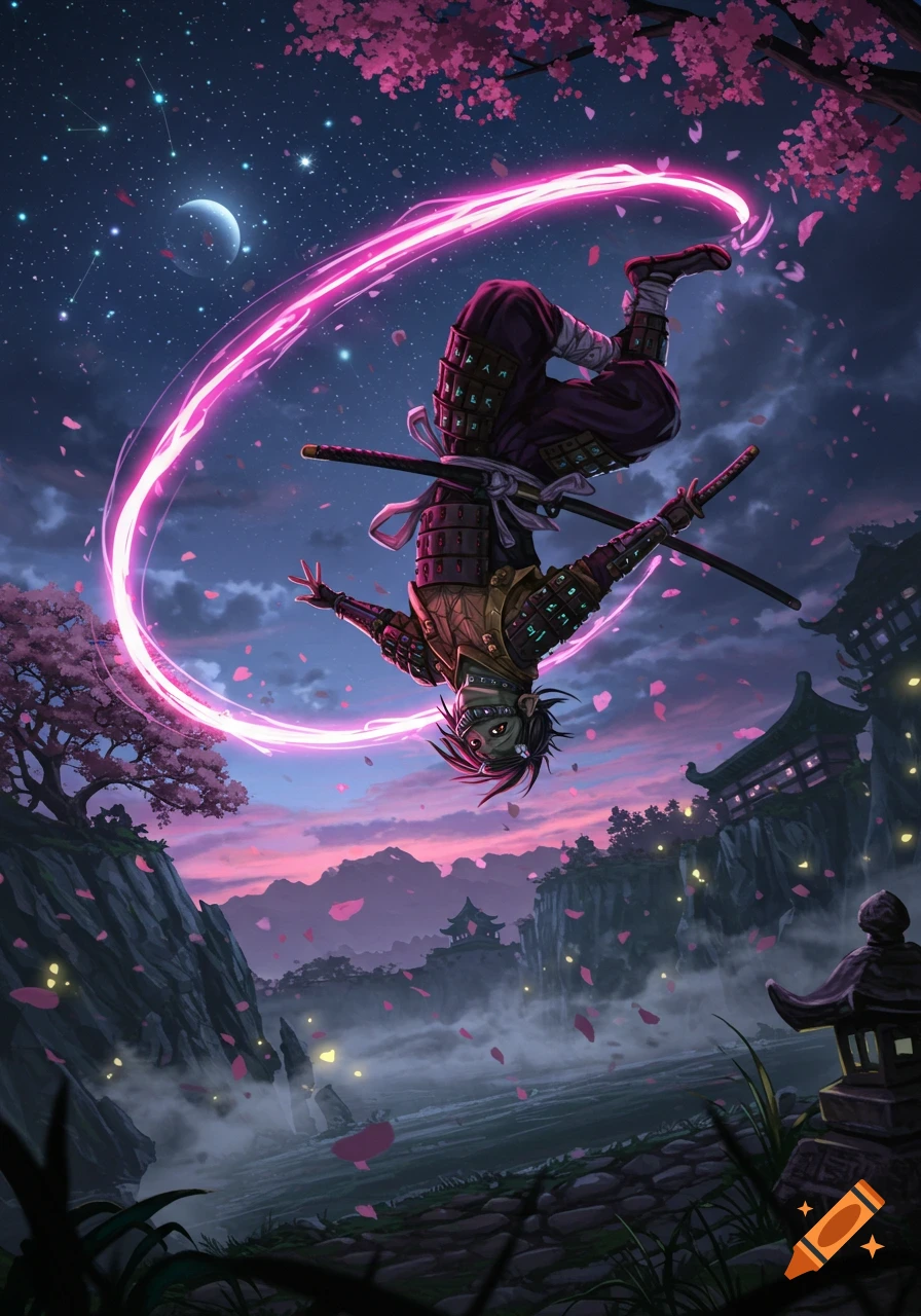 An anime-style samurai or ninja character performs a backflip, glowing pink energy circling them, in a cherry blossom forest at night.