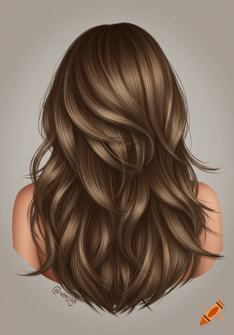 An illustration from behind showing a person with long, voluminous, wavy brown hair with highlights, and bare shoulders.