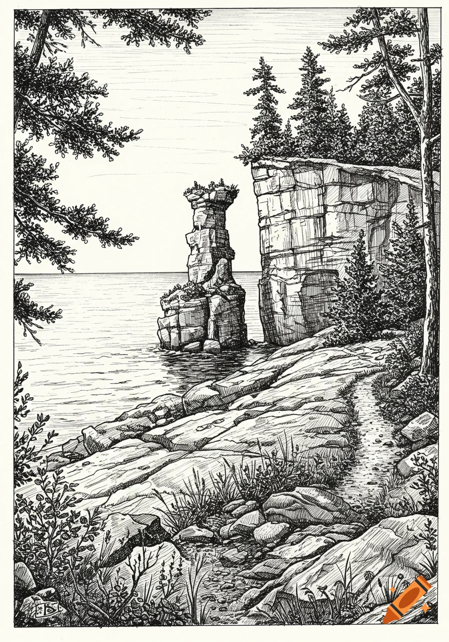 A detailed black and white pen and ink line drawing of a coastal landscape with a tall, slender rock formation and a large cliff beside a body of water, with trees and a rocky path in the foreground.