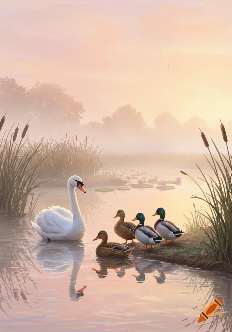 A white swan floats in a misty pond with three ducks on the grassy bank at sunrise, surrounded by reeds and water lilies.