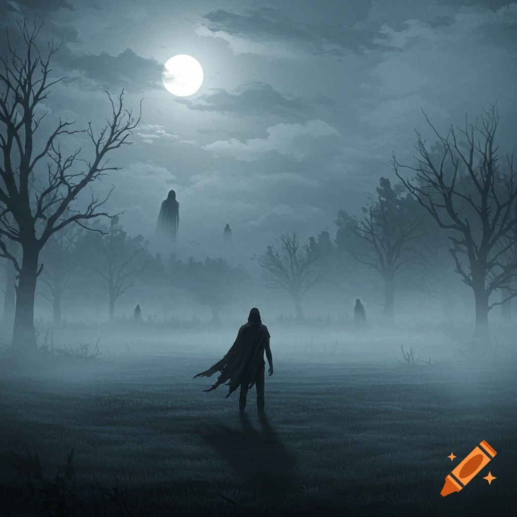 A hooded figure stands in a misty, moonlit field with bare trees and ghostly apparitions in the distance, creating an eerie atmosphere.