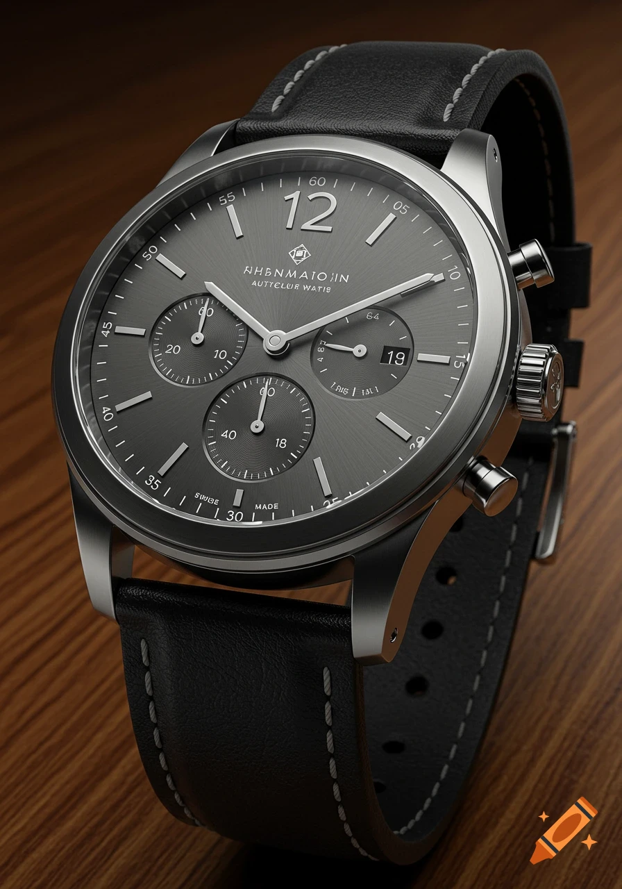 A close-up, high-angle shot of a gray and silver watch with a black leather strap on a wooden surface.