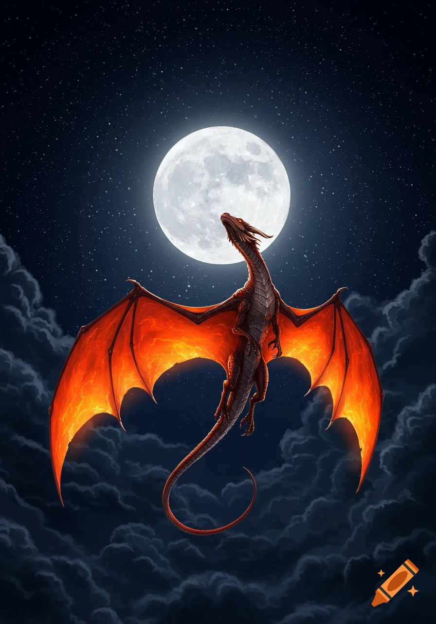A majestic dragon with glowing orange wings flies towards a bright full moon in a starry night sky with dark clouds.