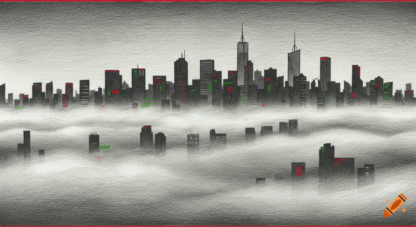 A monochrome pencil art rendering of a city skyline shrouded in fog, with hints of red and green lights.
