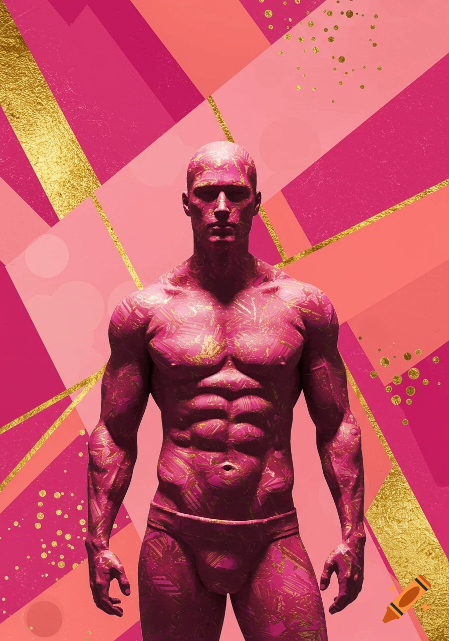 A muscular man covered in pink and gold abstract patterns stands against a geometric pink and gold wallpaper background.