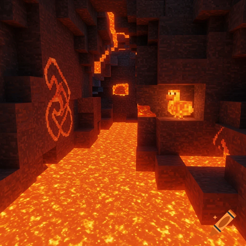 A blocky Minecraft-style cave with a flowing river of orange lava. A pixelated chicken made of lava is embedded in a wall niche, and an abstract fiery design is on another wall.