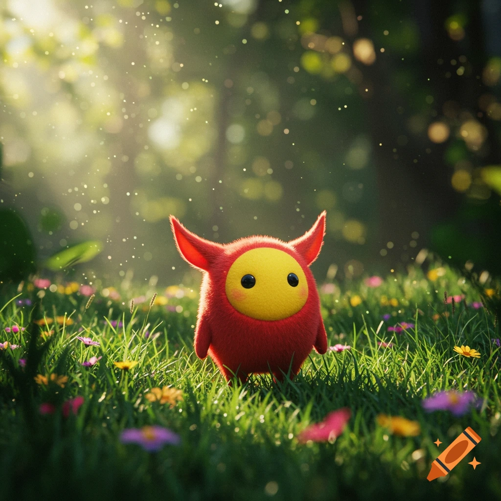 A fluffy red creature with a yellow face and black eyes stands in a vibrant green field with colorful flowers, bathed in sunlight.