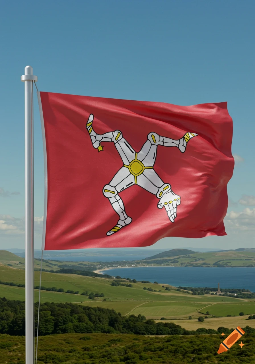 A red flag with a white triskelion symbol made of three arms with hands, blowing in the wind against a blue sky over a green hilly landscape and blue water.