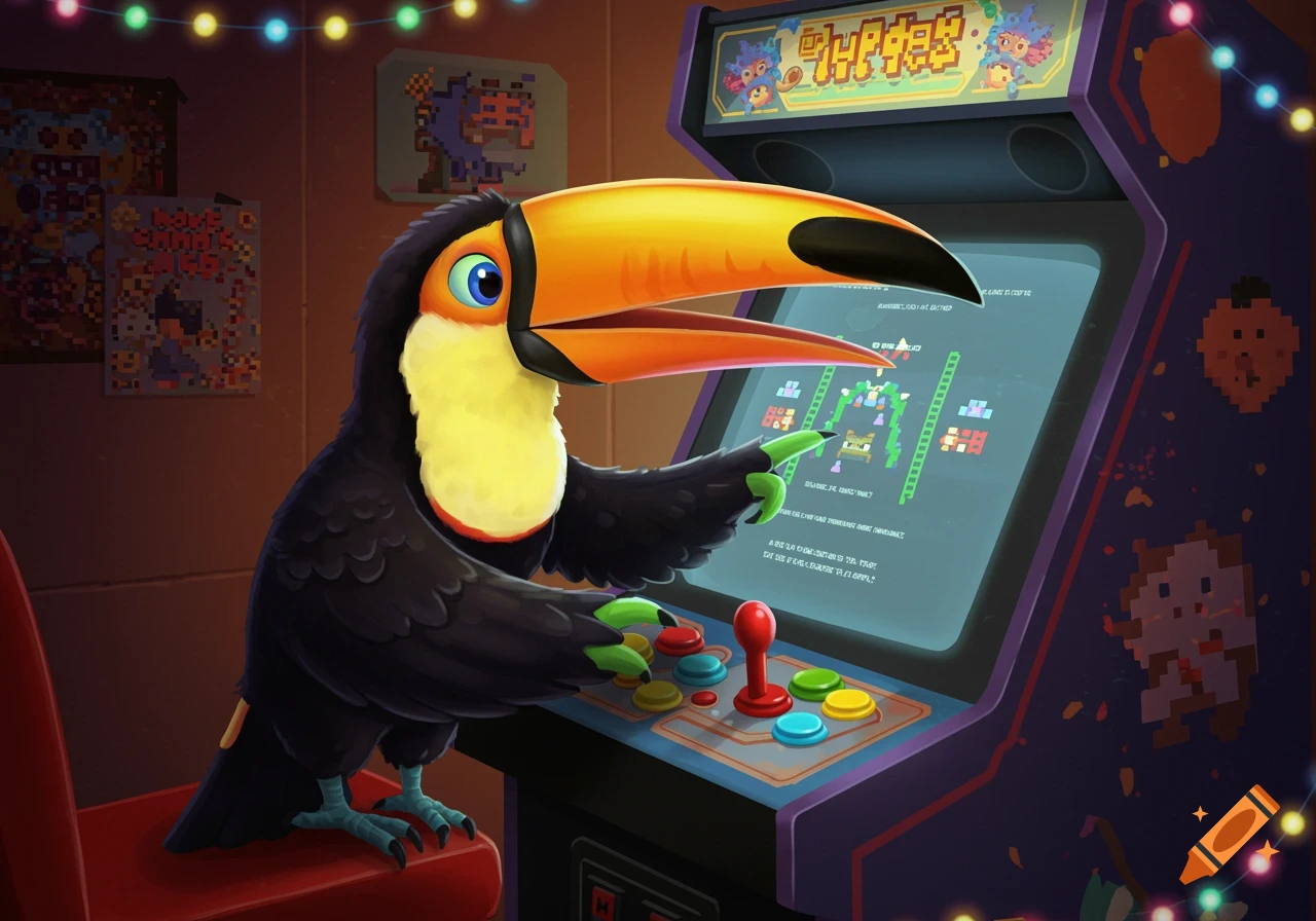 A colorful cartoon toucan with blue eyes and green claws plays an arcade video game, its beak open in concentration.