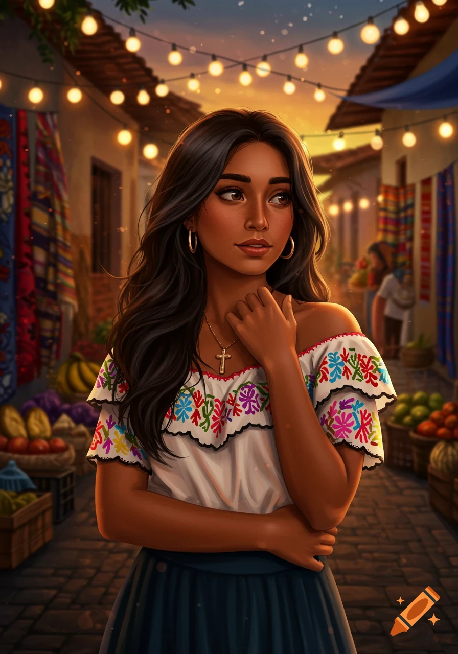 A stylized digital painting of a young woman in an embroidered blouse and skirt, standing in a market street with string lights.