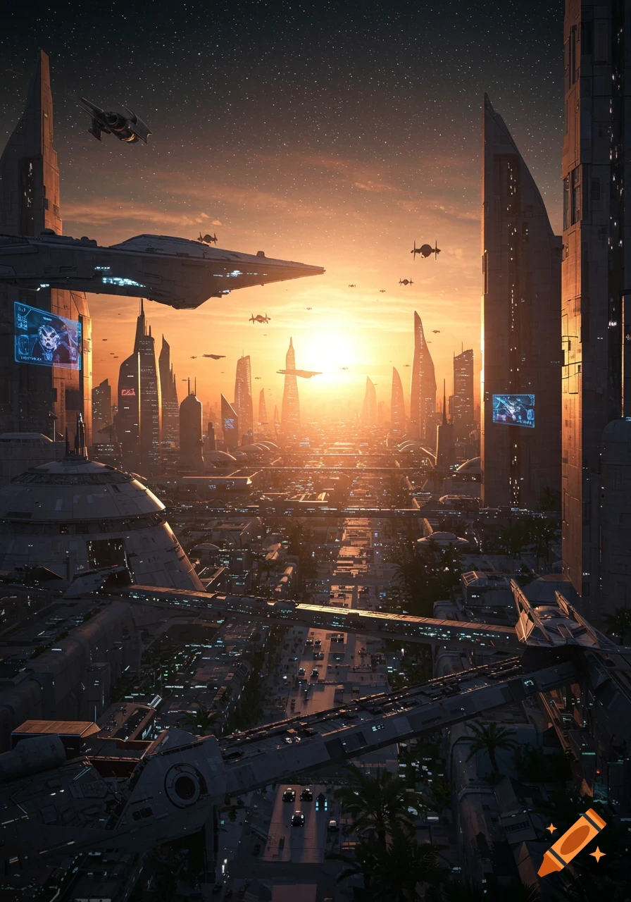 A photorealistic, panoramic view of a futuristic city with towering skyscrapers and spaceships flying under a vibrant sunset.