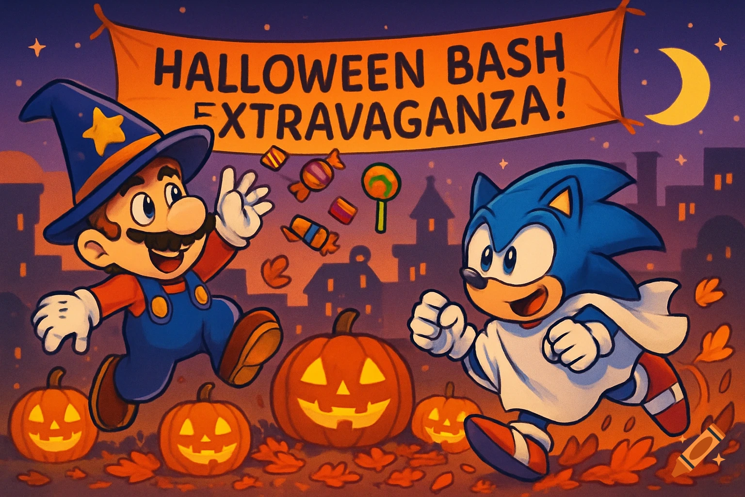 Cartoon illustration of Mario in a wizard hat and Sonic in a ghost costume surrounded by pumpkins and candy, under a banner reading 'Halloween Bash Extravaganza!'.