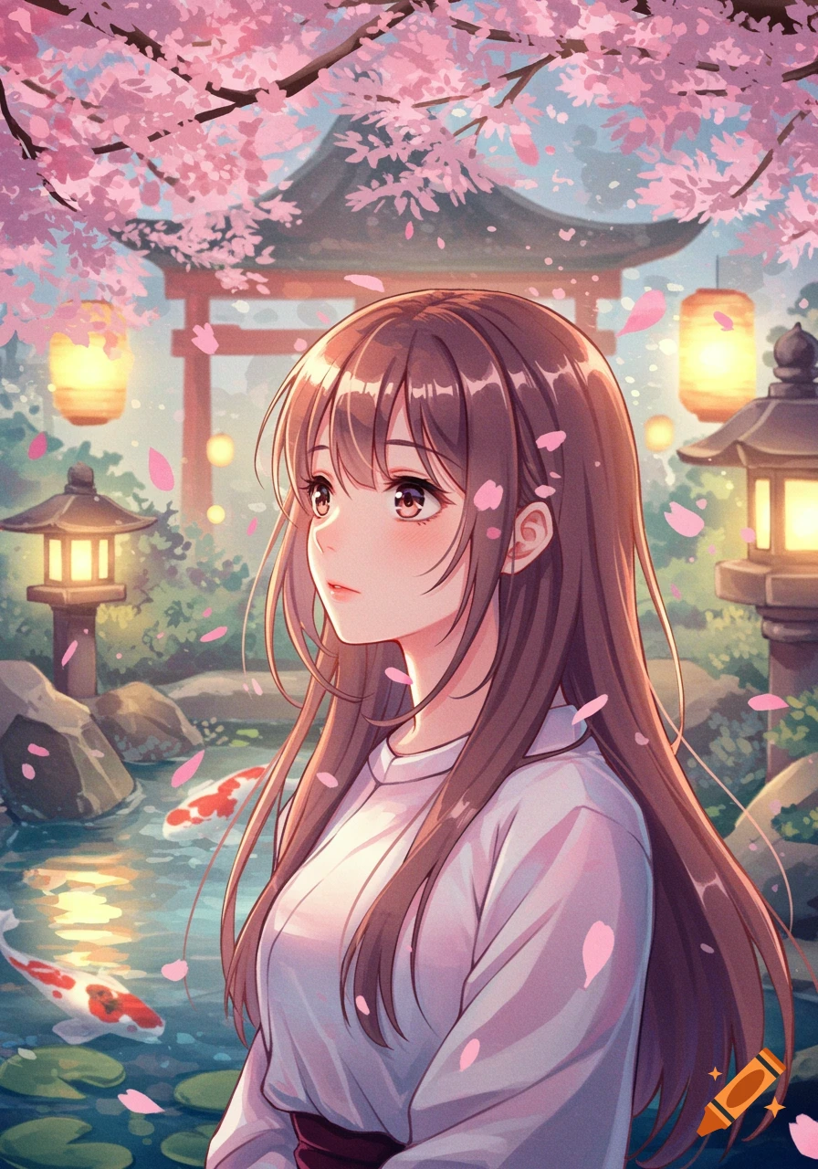 An anime girl in a Japanese garden with cherry blossoms, koi fish, and traditional lanterns and a torii gate in the background.