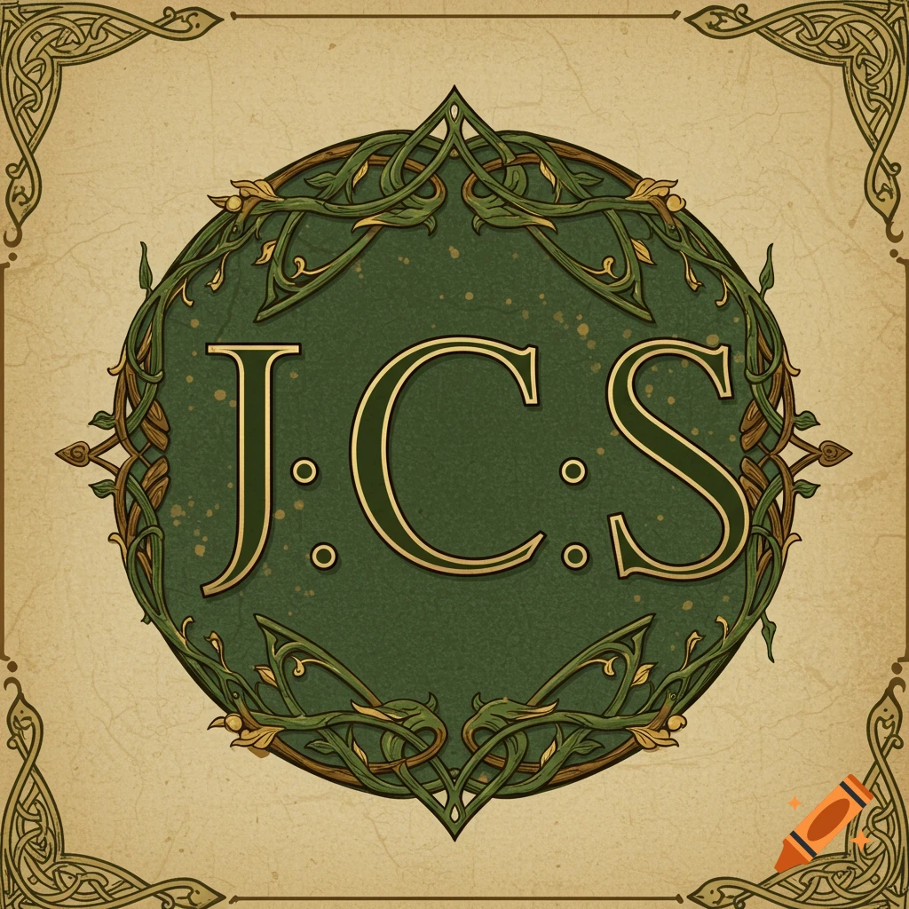 A Celtic knot style monogram with the gold initials J. C. S. on a dark green background, surrounded by intertwining vines.