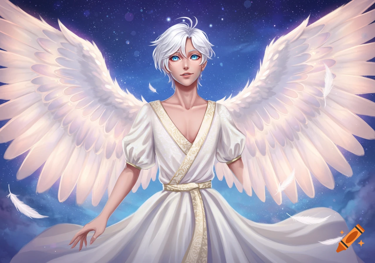 An anime-style angel with white hair, blue eyes, and large white wings, wearing a white robe, against a starry night sky.