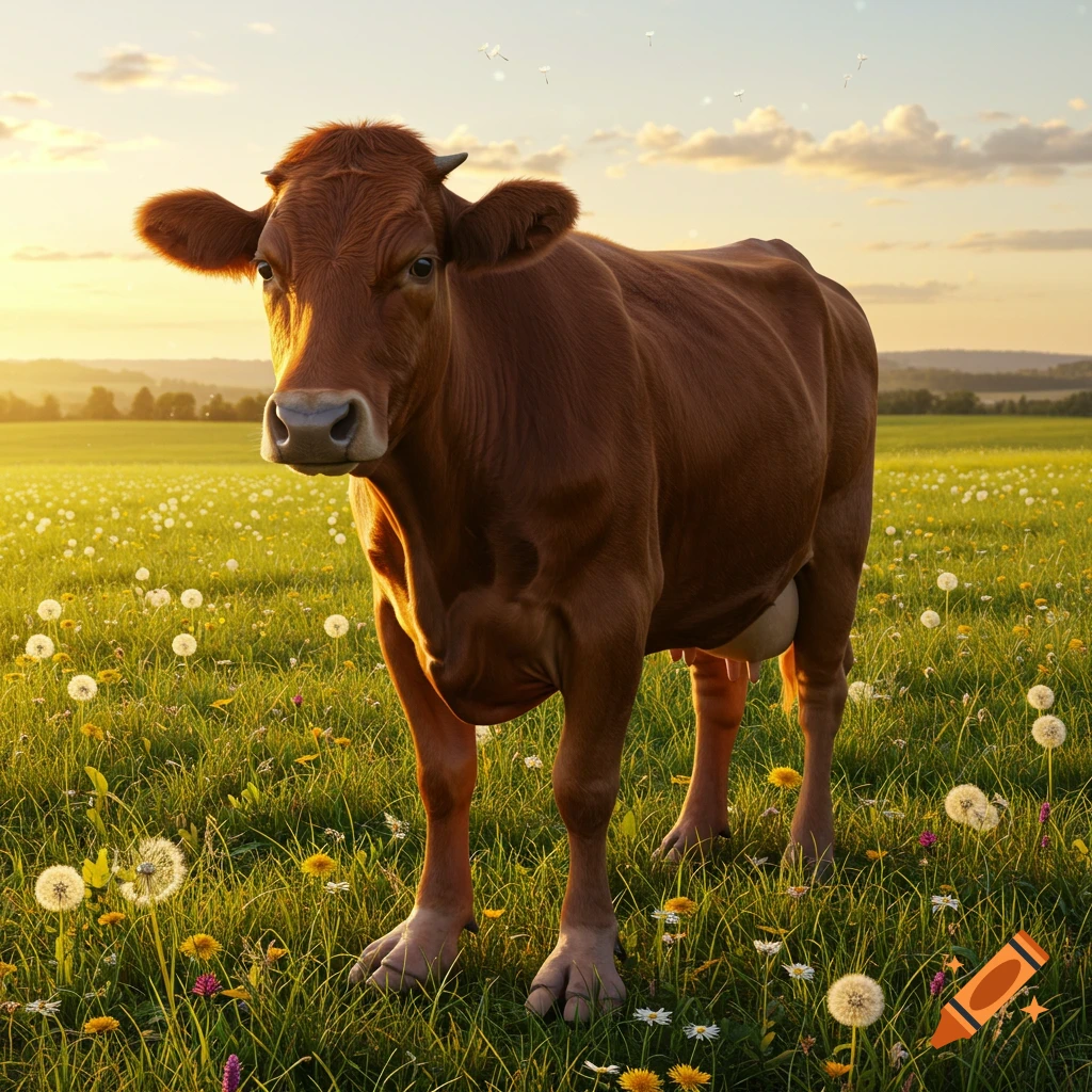 A brown cow with human-like feet stands in a field of dandelions at sunset.
