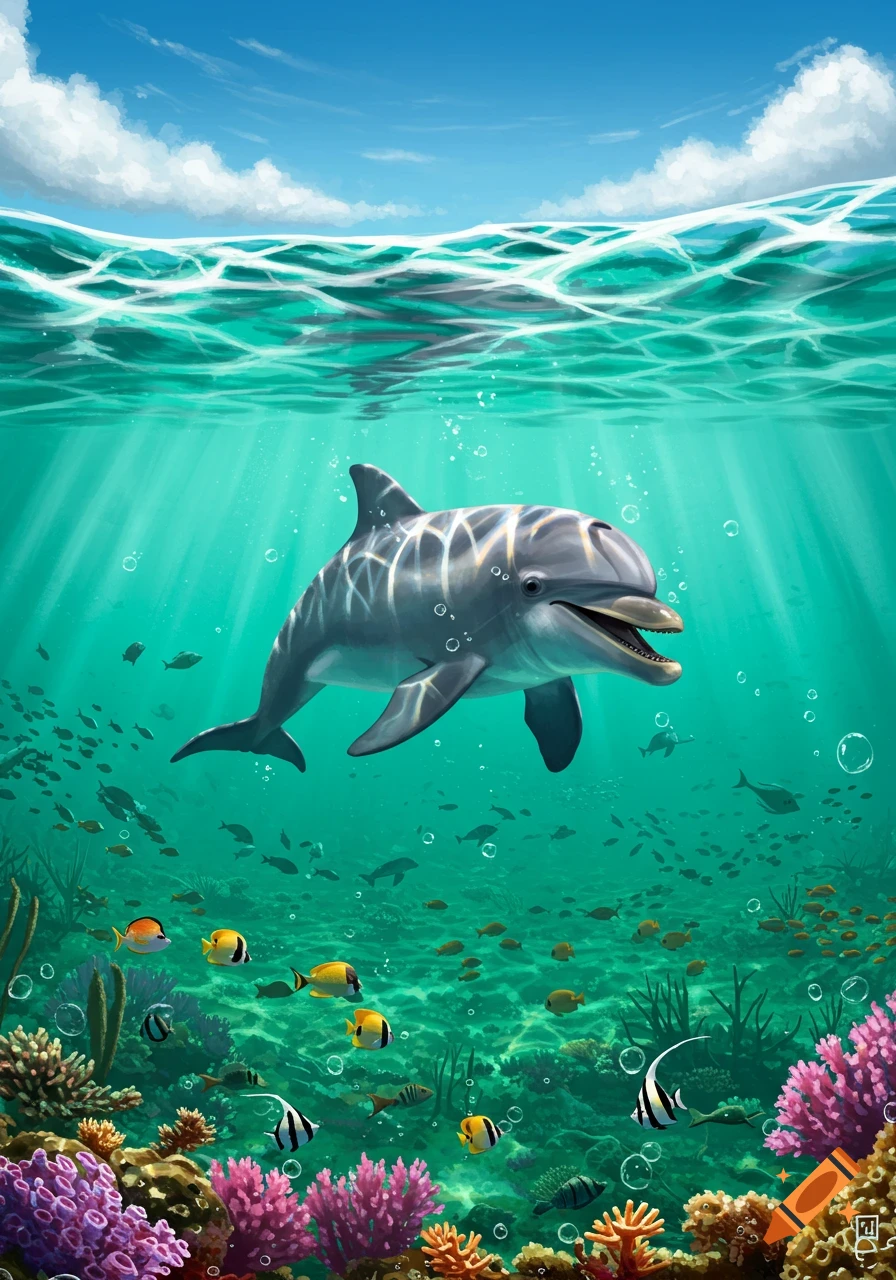 A cute dolphin swims in a vibrant underwater scene with colorful coral, schools of fish, and sun rays from the surface.