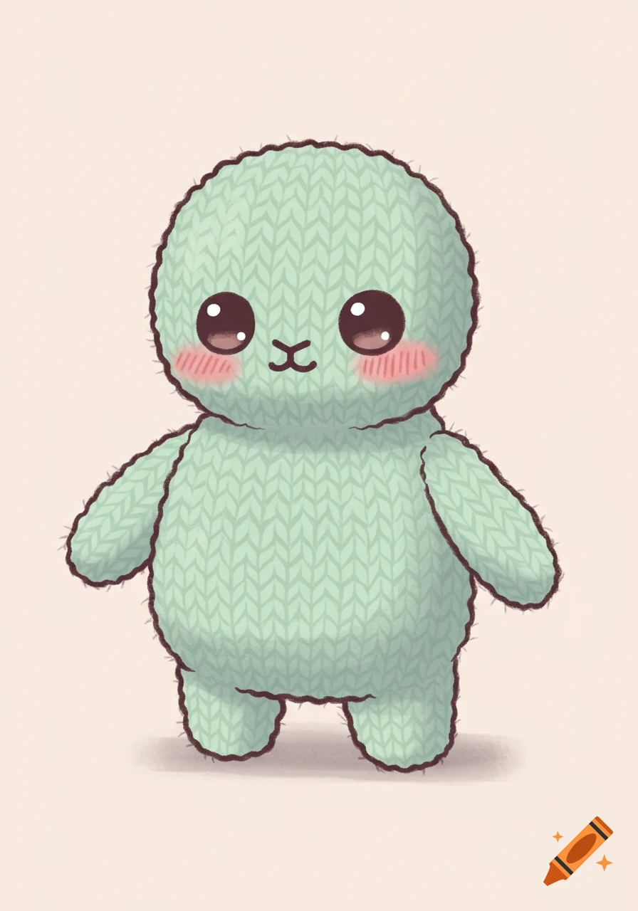 A cute, mint green, hand-drawn knitted cartoon character with large eyes and blushed cheeks.