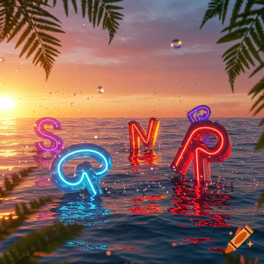 Neon alphabet letters float in a glowing ocean at sunset, framed by palm fronds.