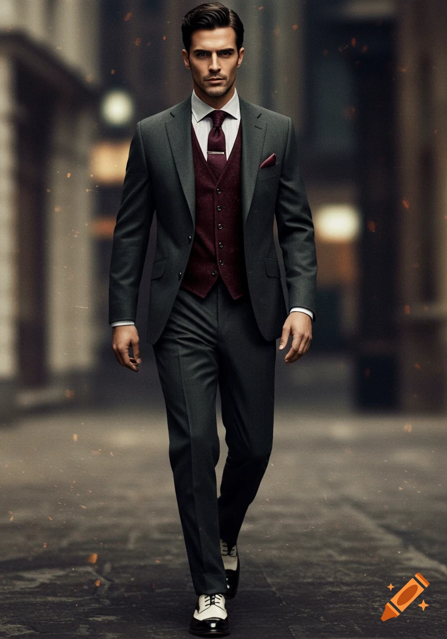 A man in a charcoal grey suit with a wine-colored vest and tie walks on a street.