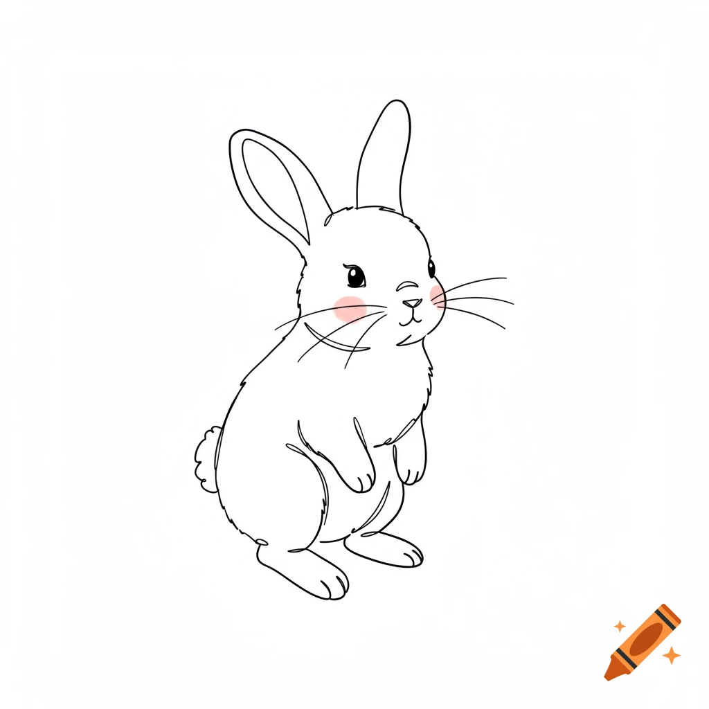A cute white bunny line drawing with pink cheeks on a white background.