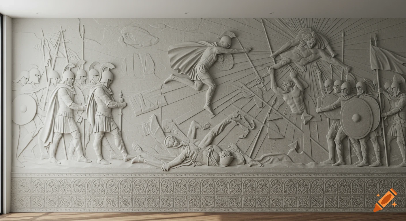 High-relief wall mural depicting a stylized ancient battle scene with warriors and fallen figures, carved in a single-tone material.