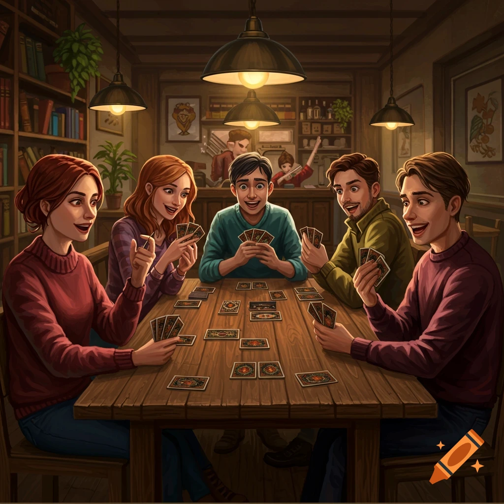 A group of diverse friends laughing and playing a card game at a wooden table in a cozy, lamp-lit room with bookshelves.