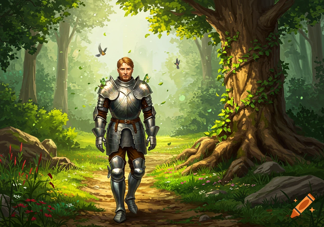 A knight in full plate armor walks through a sunny, lush forest path, with birds and green leaves around him.