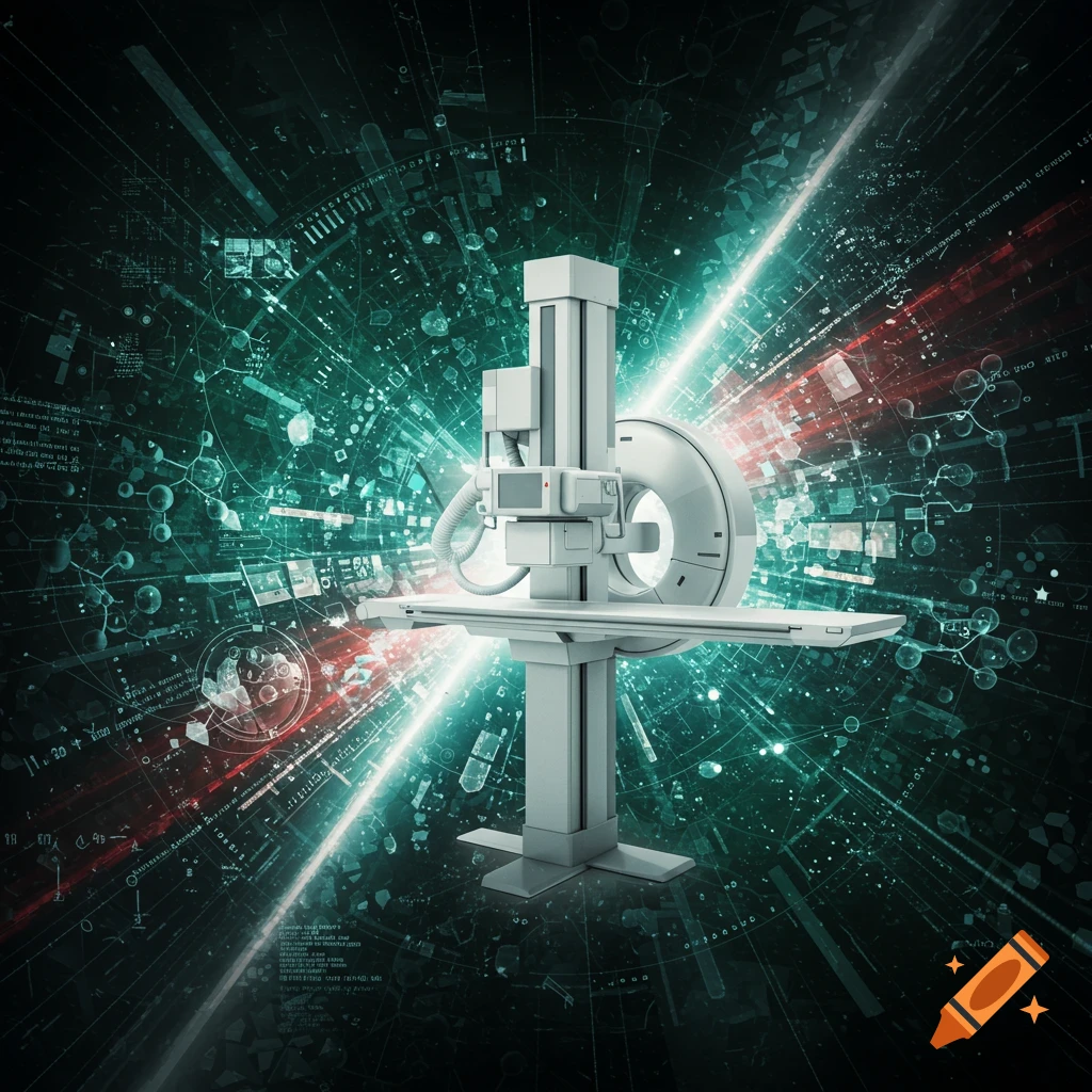 A futuristic white medical imaging machine stands against a dark, abstract background filled with glowing teal and red data streams and molecular patterns.