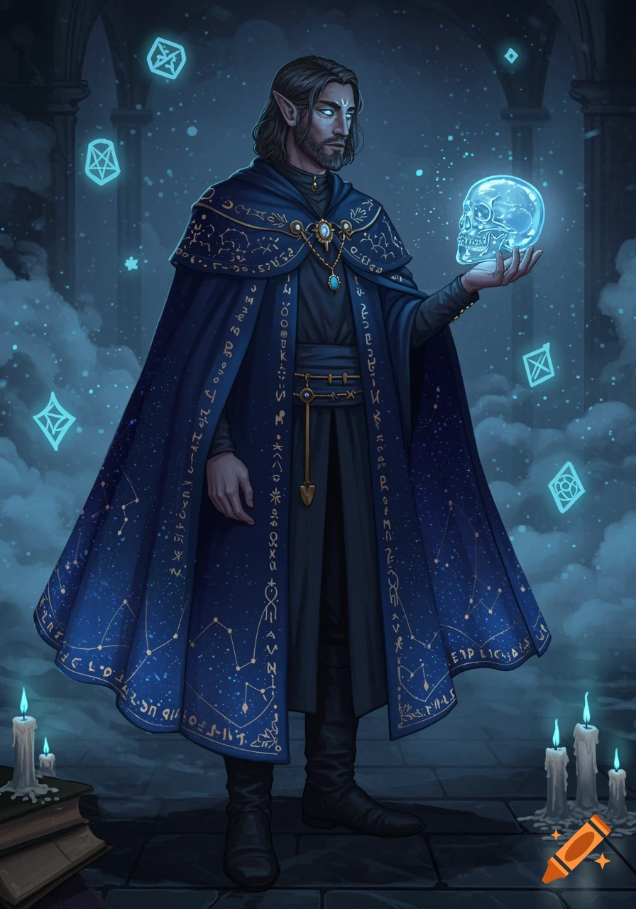 A dark elf wizard with a beard and long hair wears a blue, star-patterned cape and holds a glowing blue skull in a mystical, candle-lit hall.