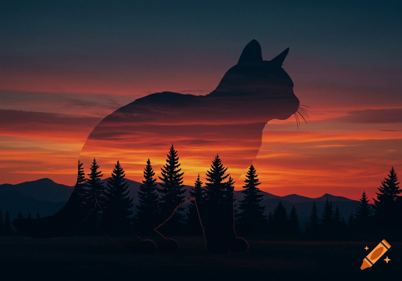 A silhouette of a cat filled with a vibrant orange and red sunset over a forest of pine trees and mountains.
