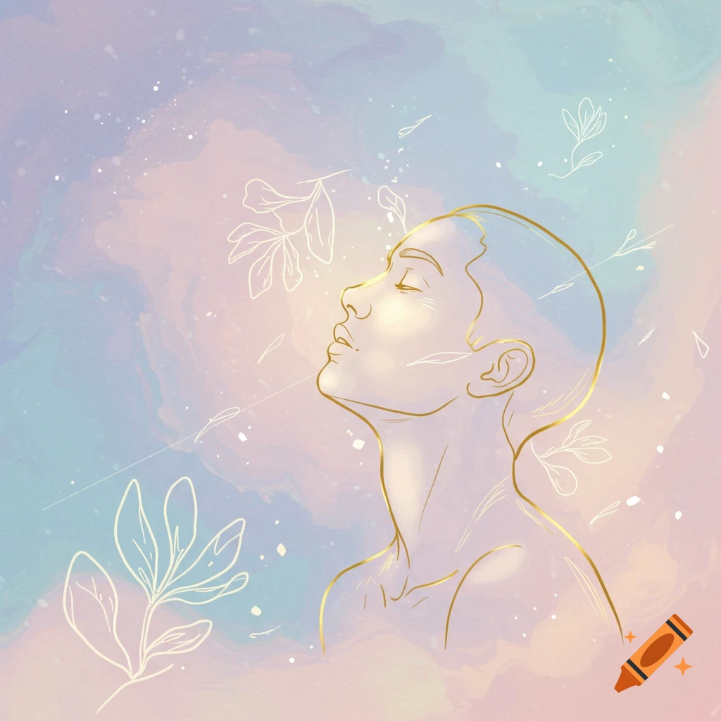 Illustration of a person with closed eyes looking upwards, against a pastel watercolor background with subtle gold line art and floating leaves.
