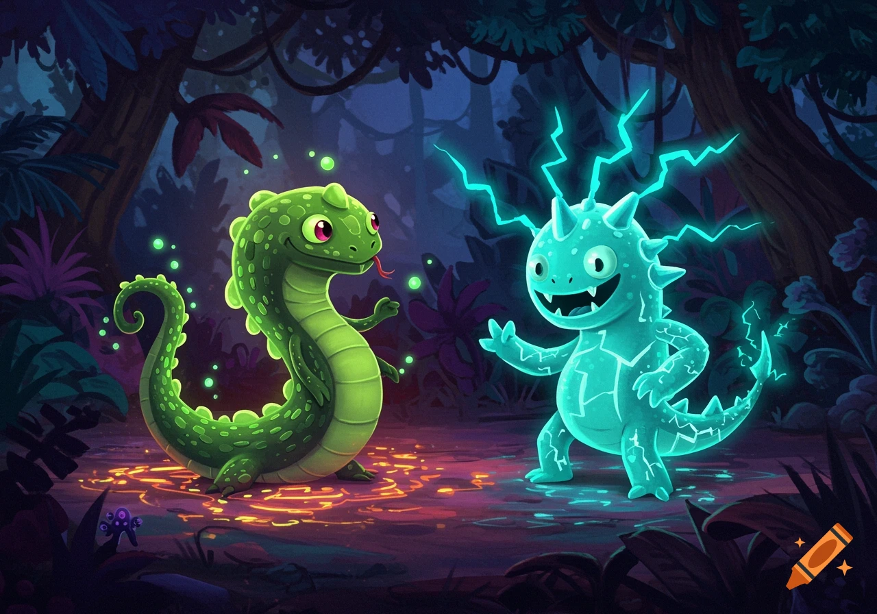 A cartoon illustration of a green, glowing, snake-like monster and a spiky, blue, electric monster standing in a dark, glowing jungle.