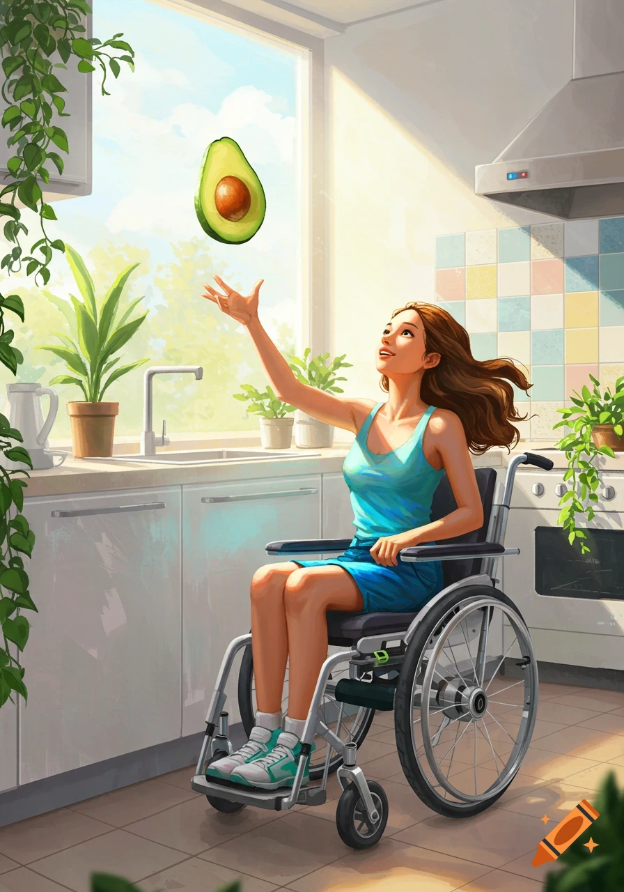 A woman in a wheelchair tosses an avocado in a sunlit kitchen, digital illustration.
