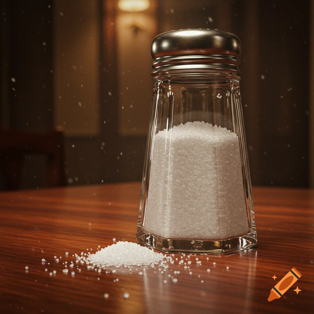A close-up, photorealistic image of a glass salt shaker filled with salt on a wooden table, with a small pile of spilled salt beside it and particles in the air.