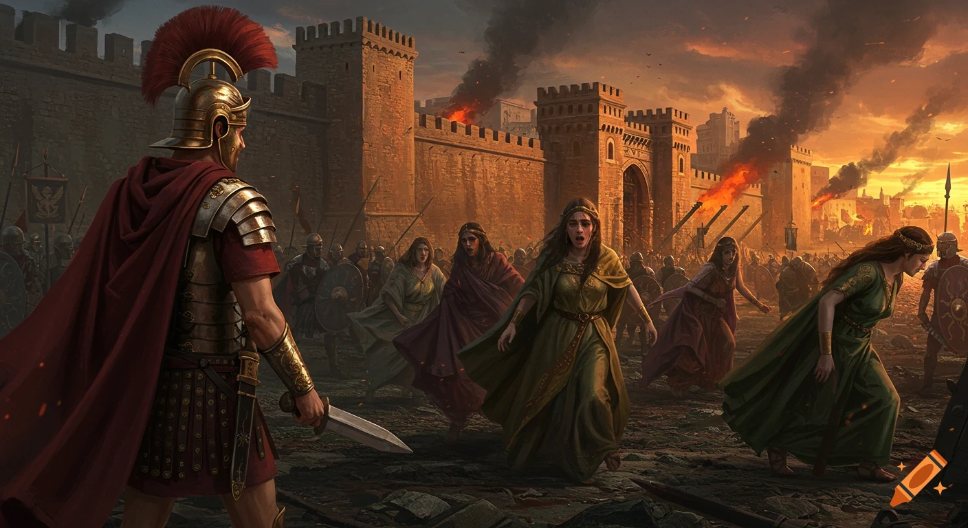 A Roman general observes women fleeing a burning ancient walled city under siege during a fiery sunset.