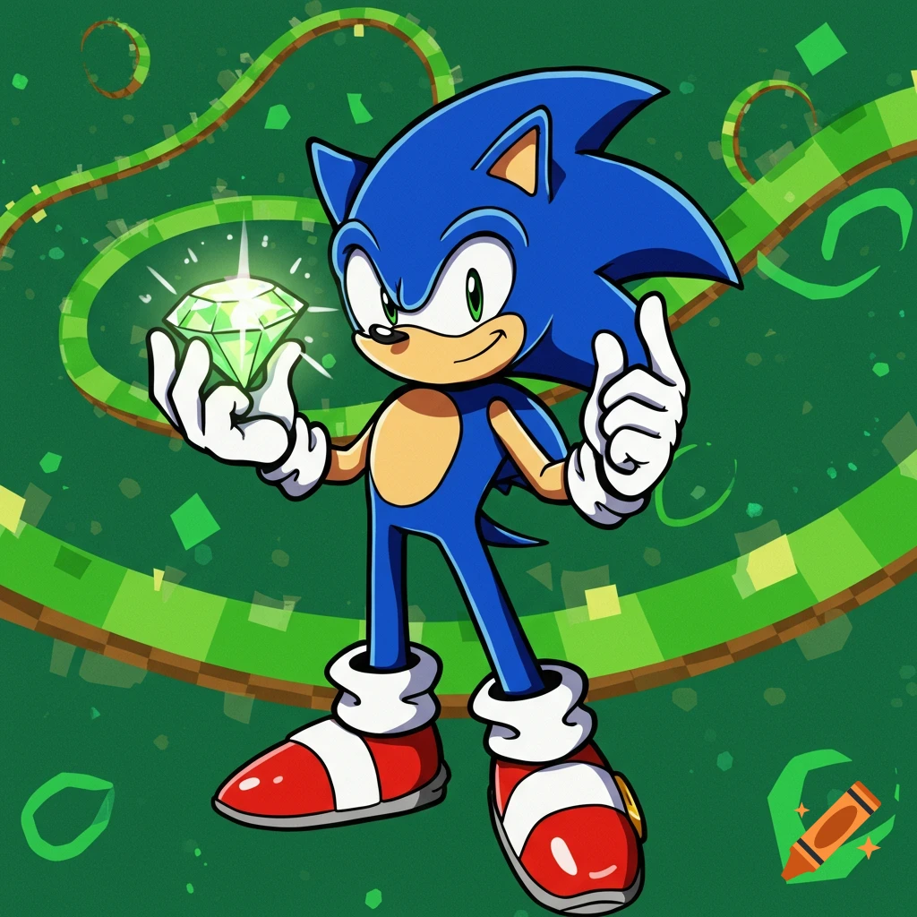 Cartoon Sonic the Hedgehog holds a glowing green chaos emerald, wagging his finger, with green track rings in the background.