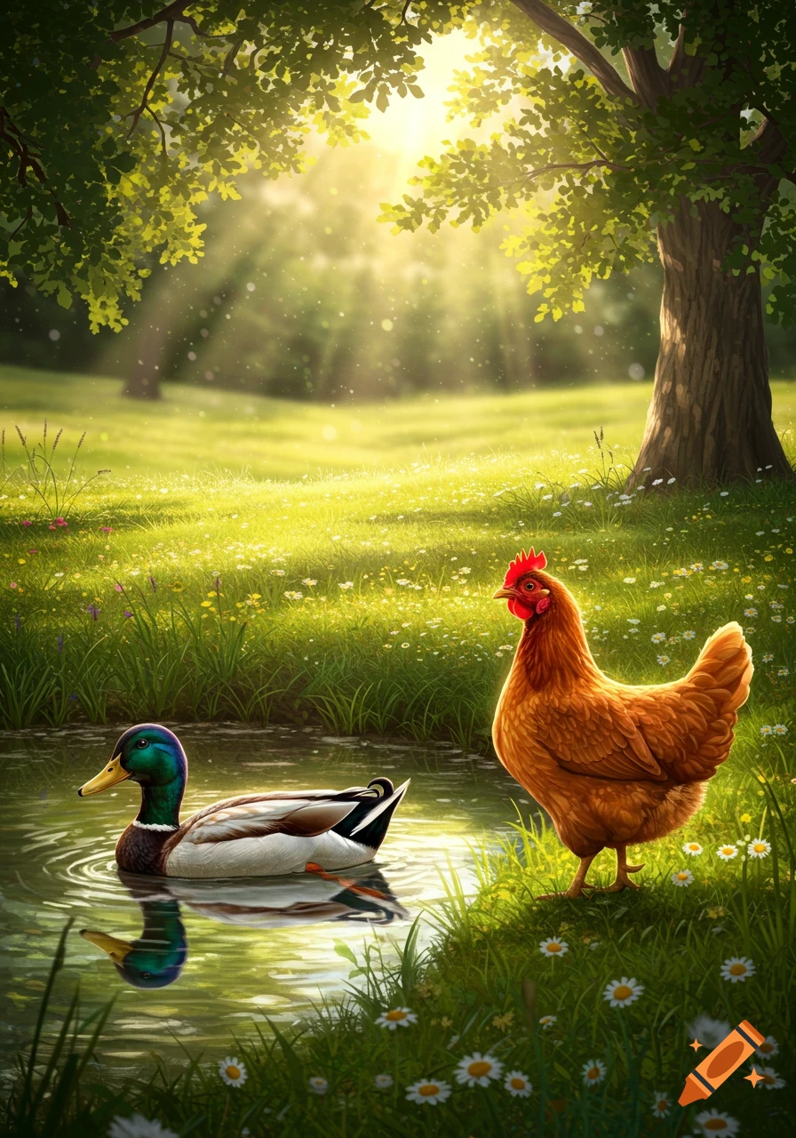 A photorealistic image of a mallard duck swimming in a pond next to a brown hen standing on the grassy bank under sunlit trees.