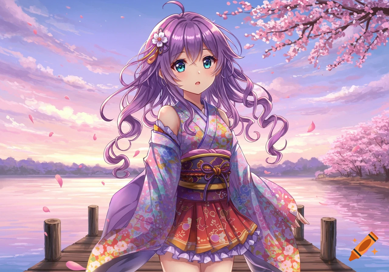 An anime girl with purple hair and a floral kimono stands on a wooden dock amidst falling cherry blossoms at sunset.