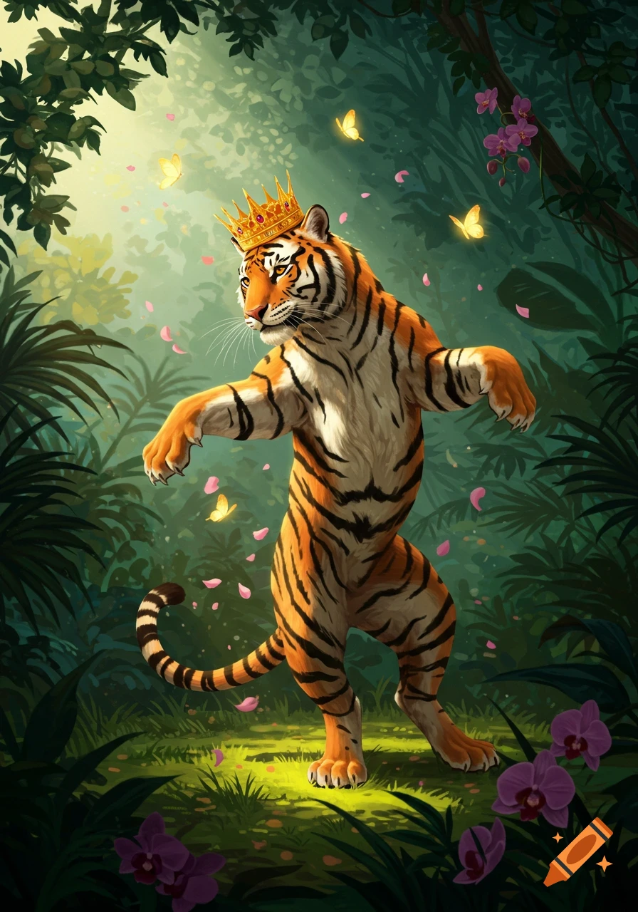 An anthropomorphic tiger wearing a golden crown dances in a lush jungle, surrounded by butterflies and pink petals in an illustrative style.
