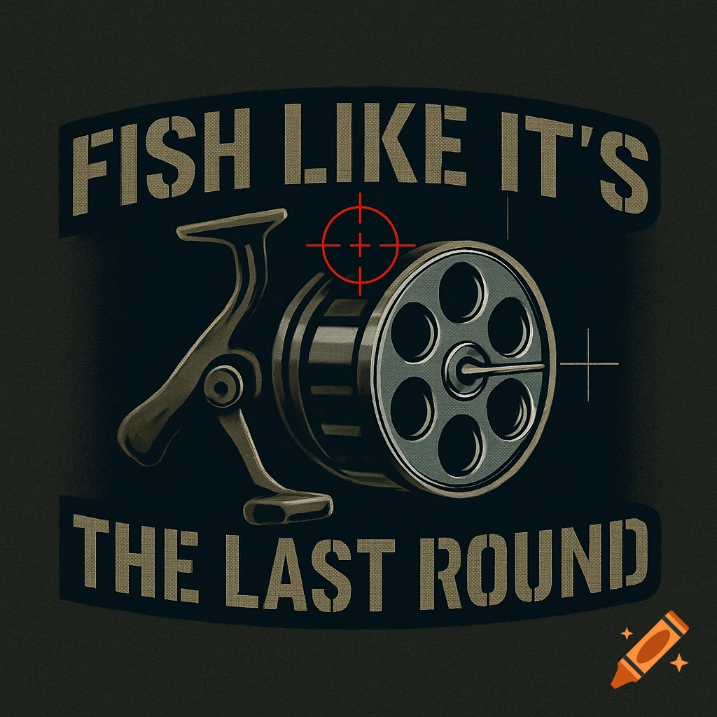 A tactical fishing logo with a fishing reel shaped like a revolver cylinder, a red crosshair, and text "FISH LIKE IT'S THE LAST ROUND" in a stencil font.