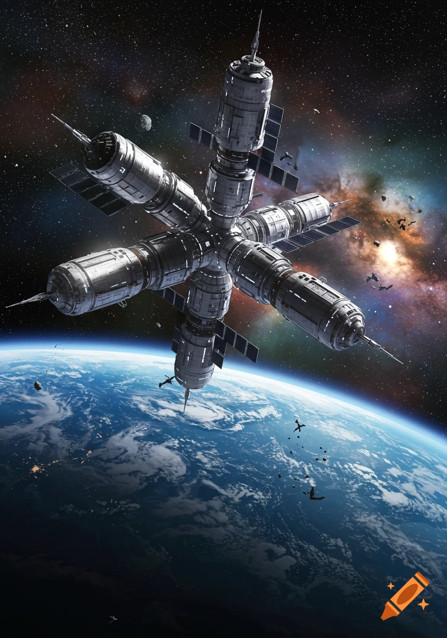 A large, detailed space station with multiple modules and solar panels orbits Earth, surrounded by debris, with a colorful nebula in the starry background.
