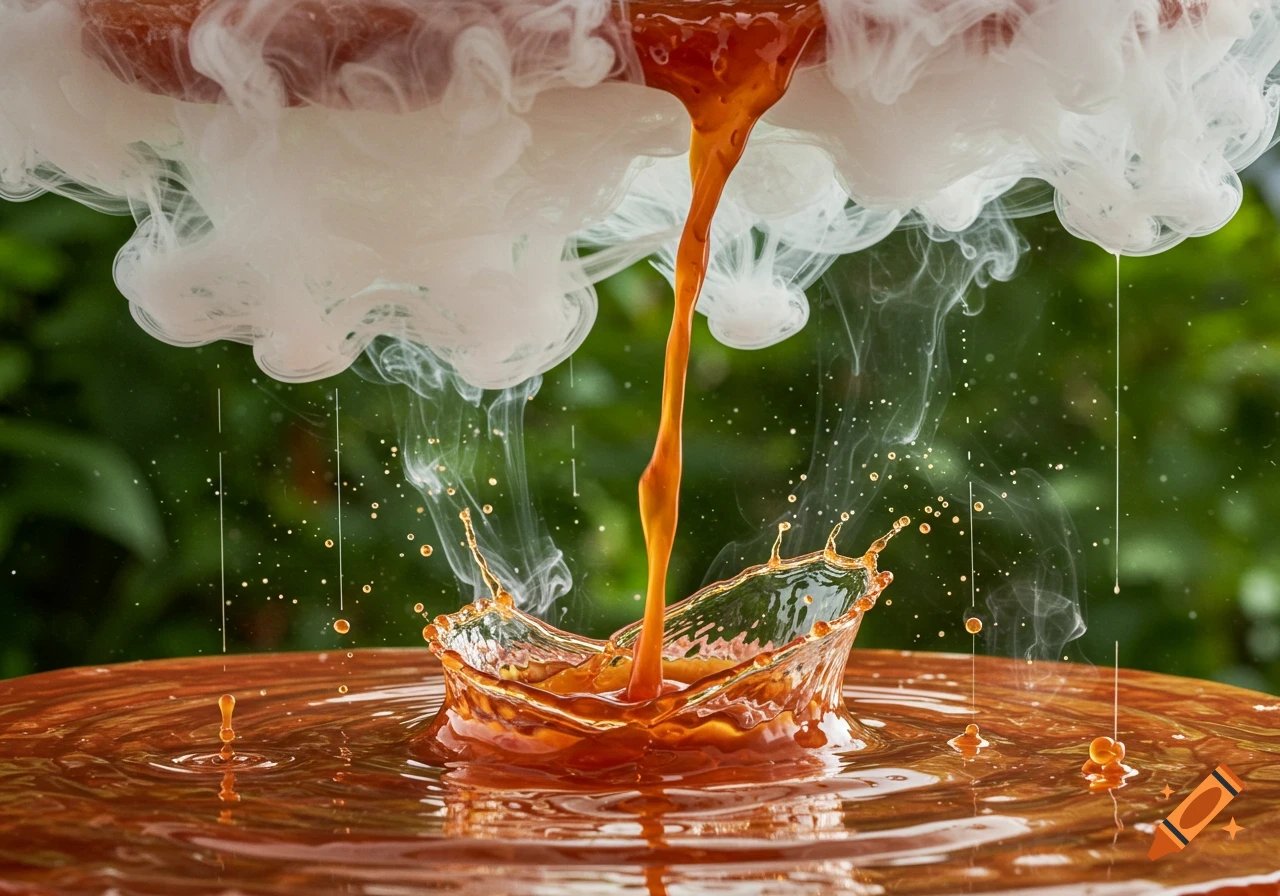 Photorealistic shot of orange liquid pouring into a pool, creating a splash crown, with white smoke above, against a green background.