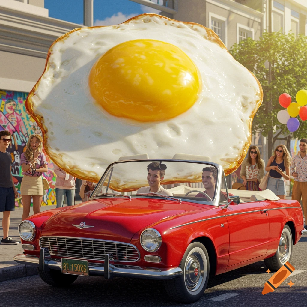 A giant sunny-side-up egg on a red convertible car drives down a sunny city street with people.