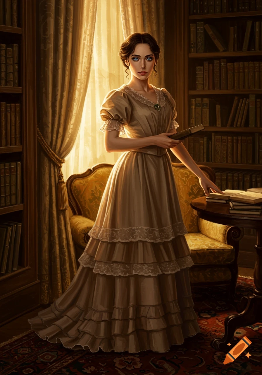 A woman in a beige historical dress stands in a sunlit library, holding a book. Photorealistic.