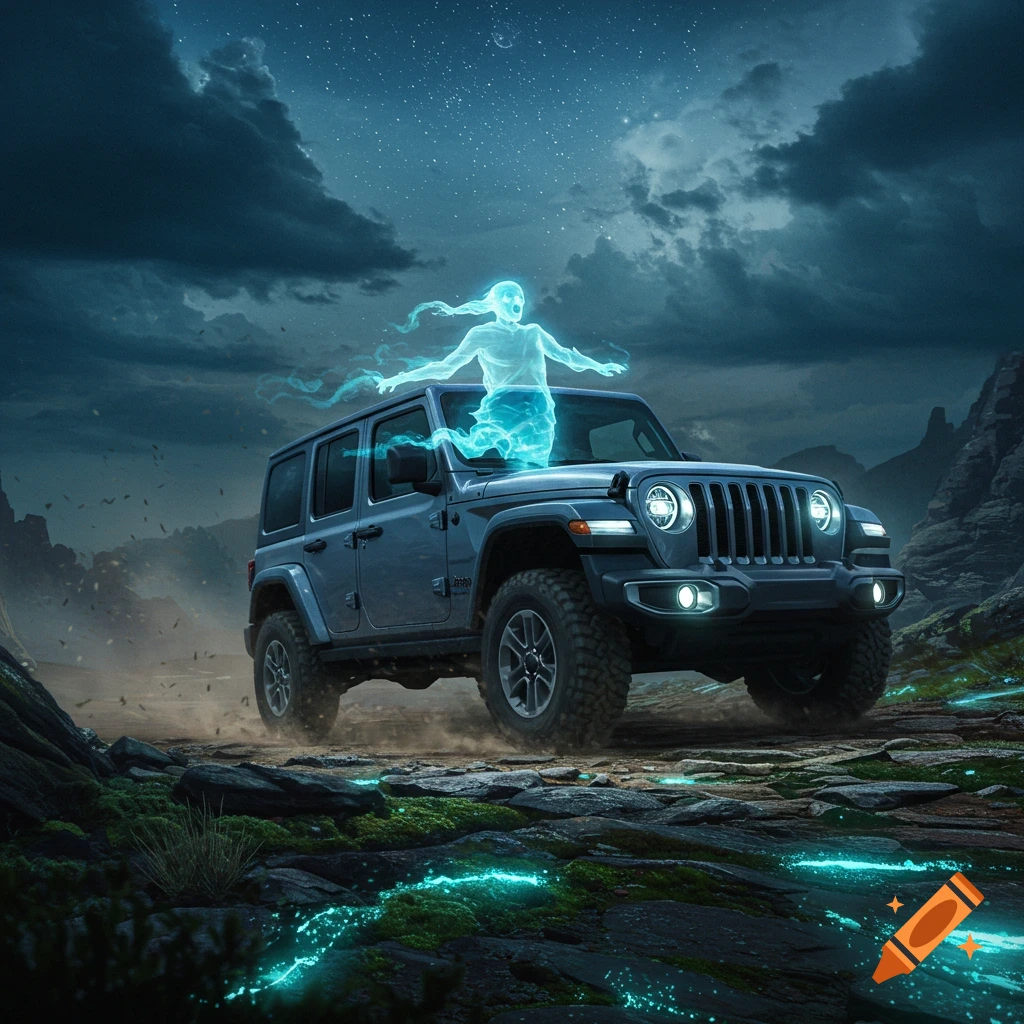 A gray Jeep Wrangler drives on a rocky, glowing terrain at night, with a blue, ethereal ghost rising from its hood, under a stormy, starry sky.