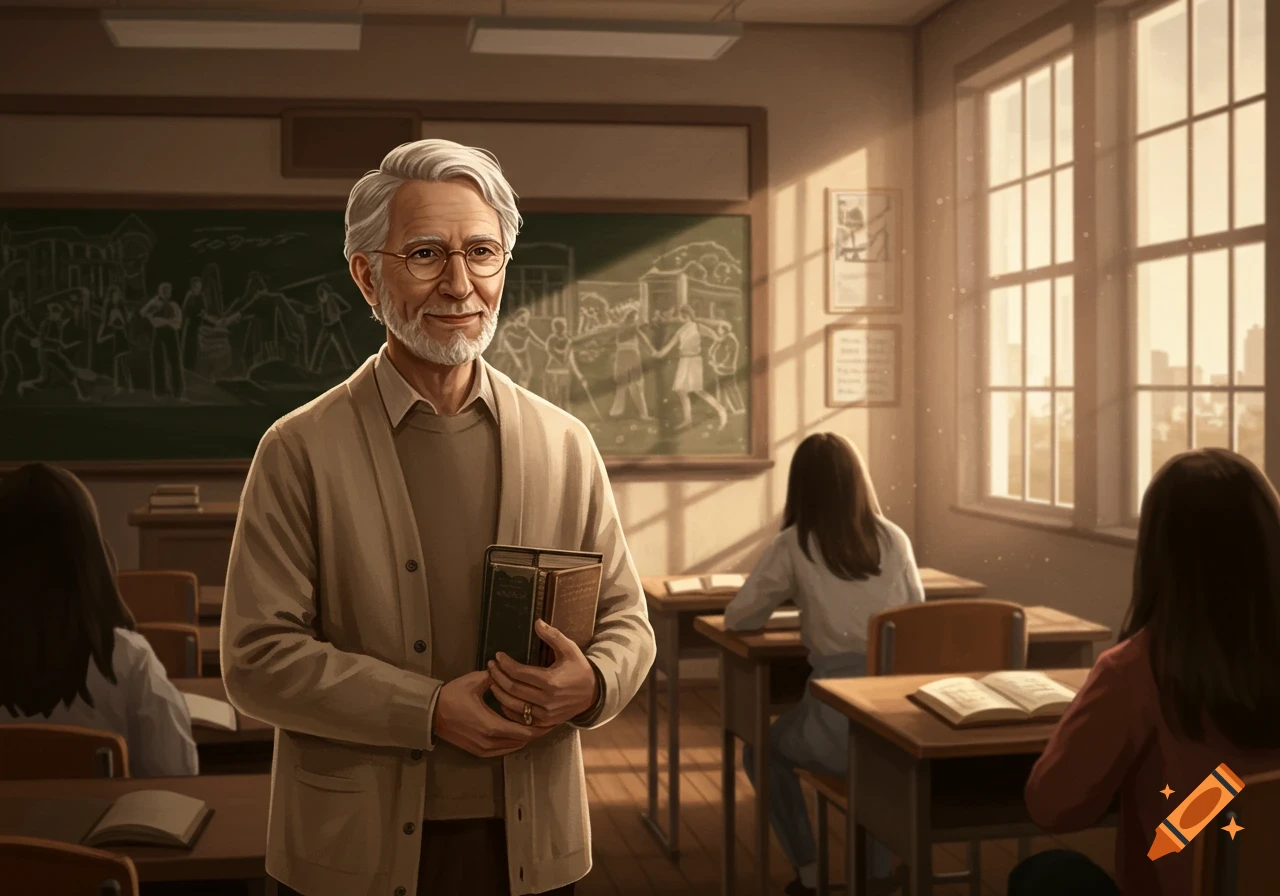 An old male teacher with white hair and glasses stands in a sunlit classroom, holding books. Students are seated at desks in the background.