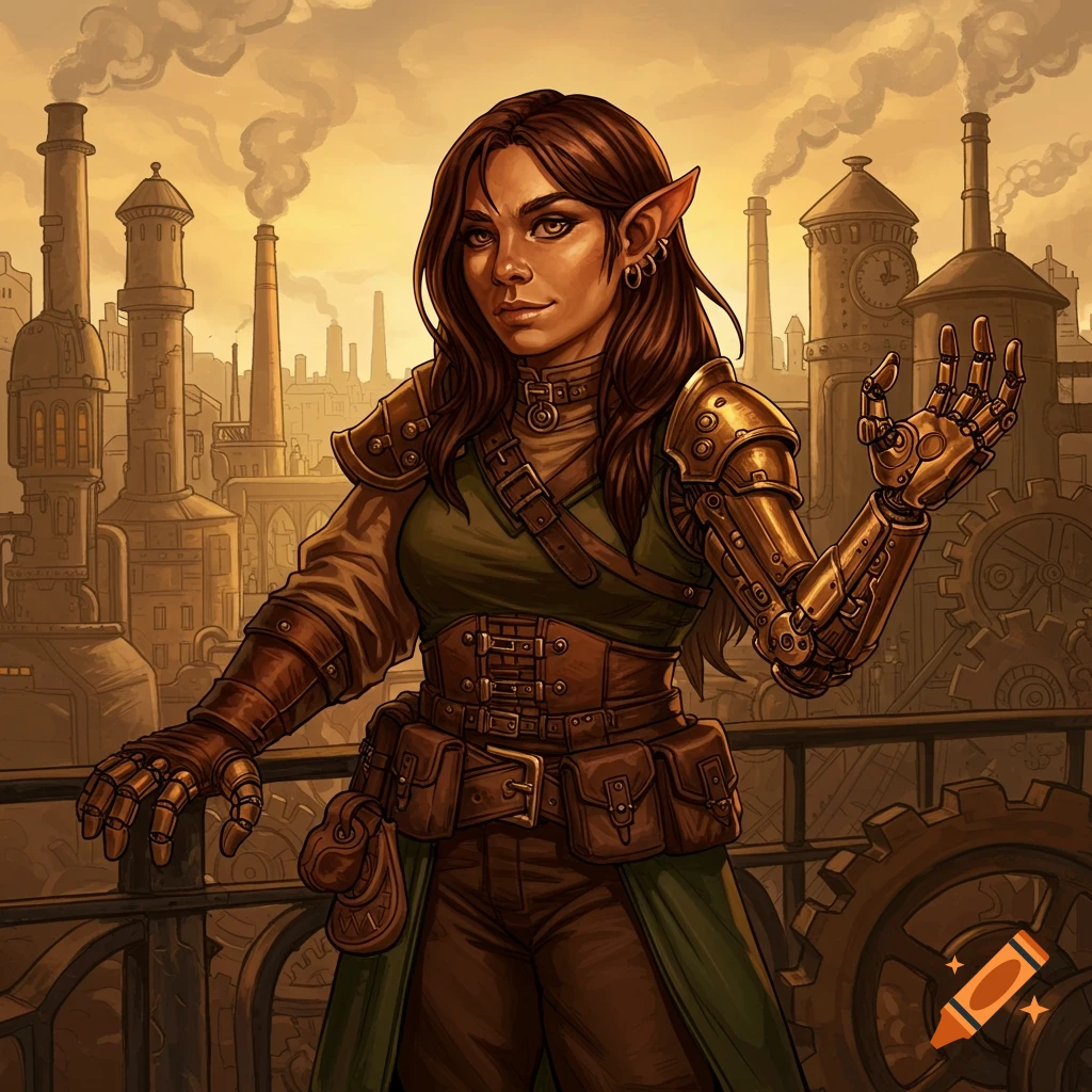 A detailed fantasy illustration of a female halfling with a steampunk mechanical arm, wearing leather armor, in a steampunk city.