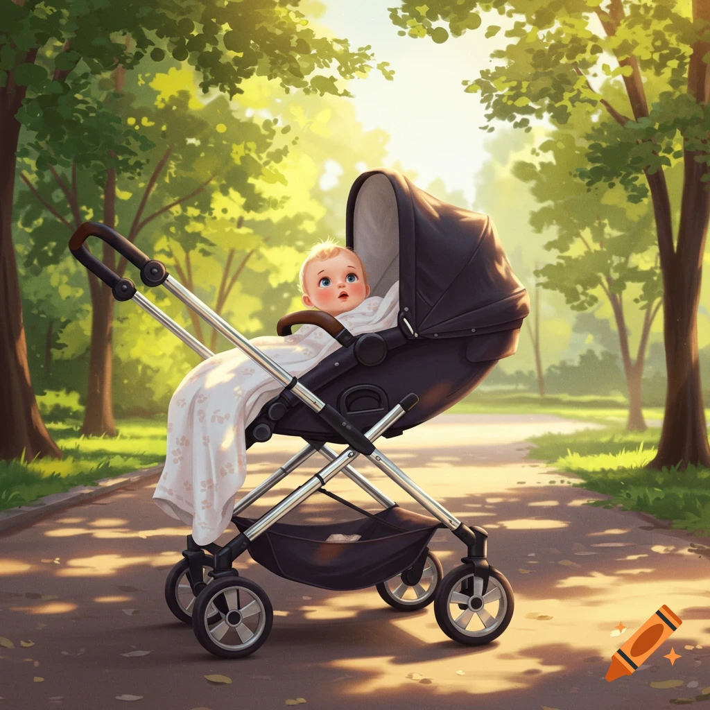 An illustration of a baby with big blue eyes looking up from a dark stroller on a sunny park path.